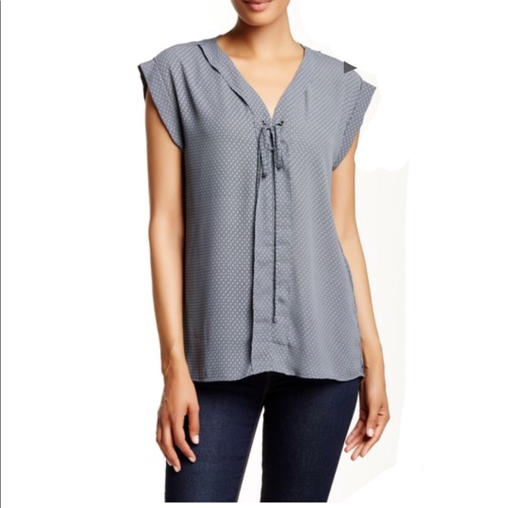 Pleione Lace-Up Pleat Grey Honey Blouse EUC Work